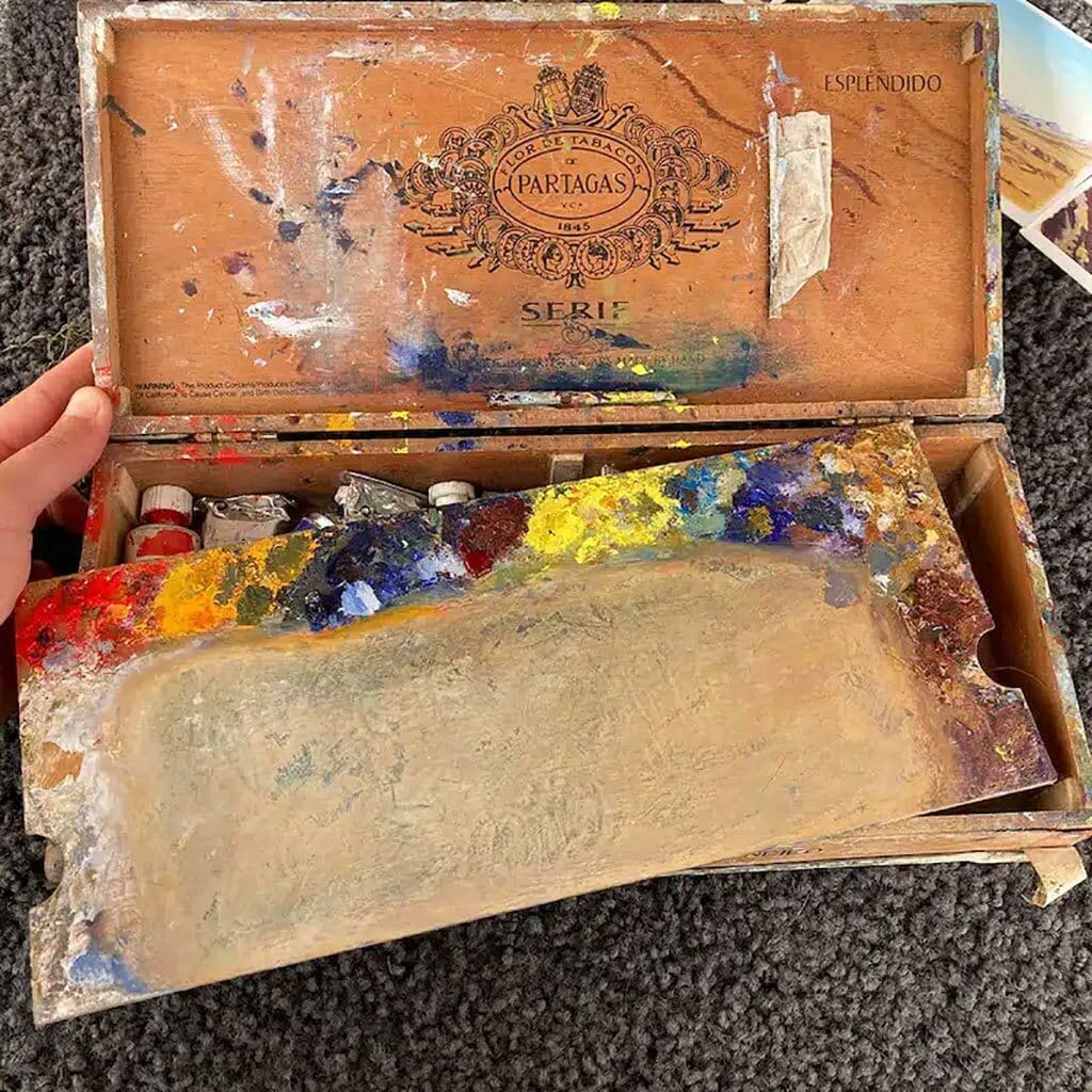 Wooden box of used oil paints