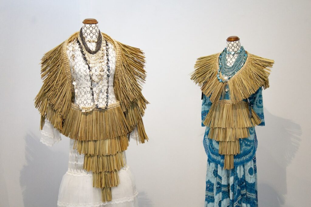 Installation view of handwoven traditional harakeke, garments and jewellery by Natura Aura, as part of DEPOT's Oyster & Moon exhibition.