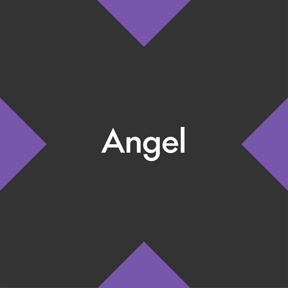 black x on purple with the word Angel in the center