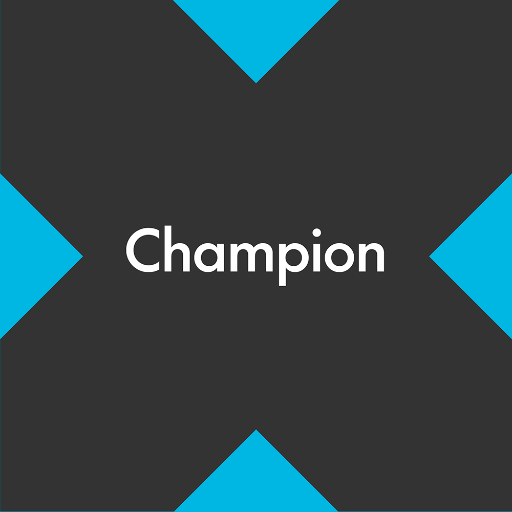 black x on blue with the word Champion in the center